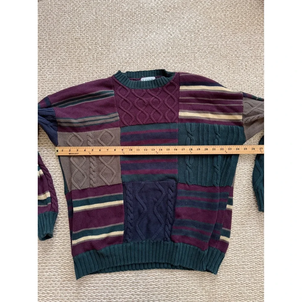 Izod Mens Vintage Patchwork Cable Knit Sweater Cosby grandpa chunky  preppy LG‎